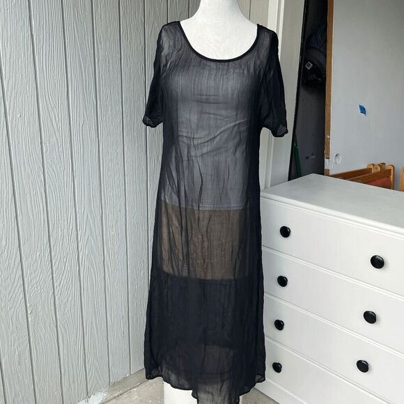 Vintage 90s Kloz Lyne India Boho Dress Black Sheer Sleeves Festival Grunge L - Picture 3 of 11